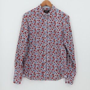 Floral Print Button Shirt Long Sleeve Red Blue Womens Layering Cottage Size S